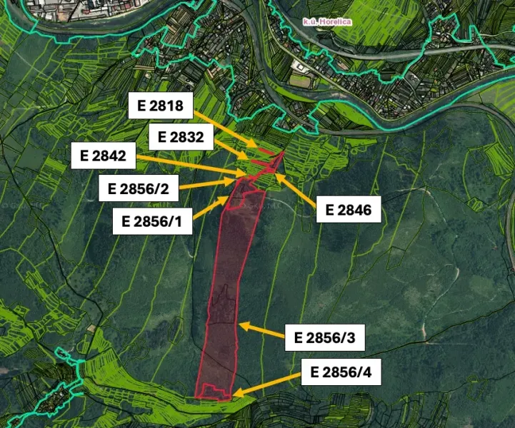 Map of agricultural and forest land around Čadca with marked parcels.
