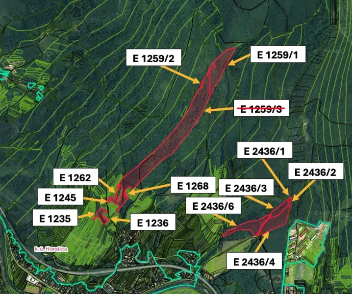 Map of agricultural and forest land in the Čadca area with marked parcels and boundaries.