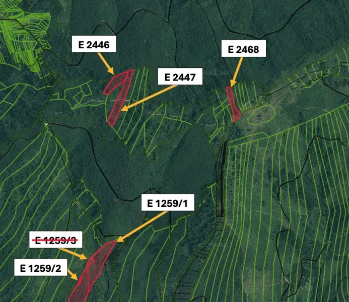 Aerial view of agricultural and forest lands around Čadca with marked parcels.