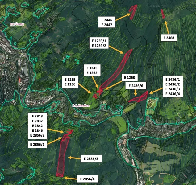 Aerial map with agricultural and forest lands around Čadca.