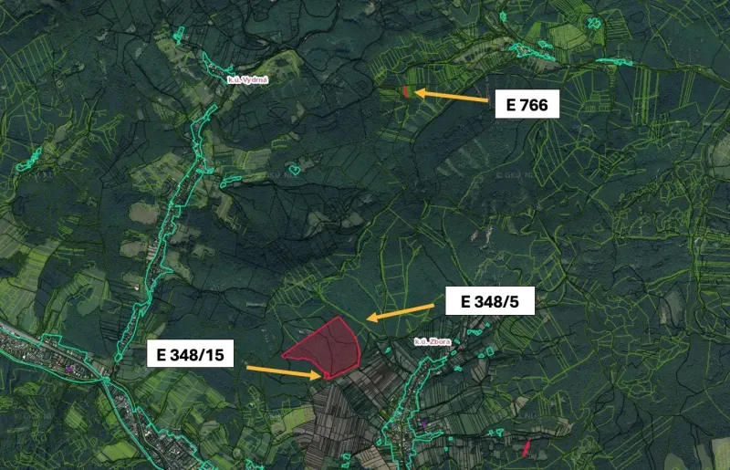 Aerial map of agricultural and forest lands near the village of Dohňany.