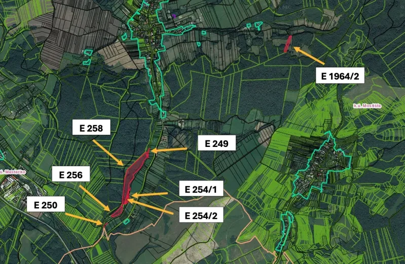 Map of agricultural and forest land around Dohňany. Marked parcels.