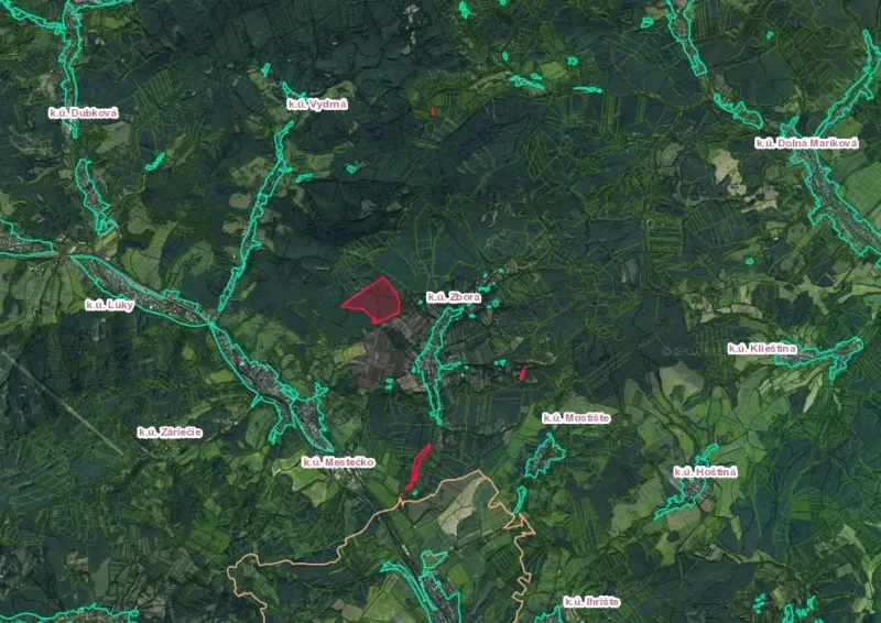 Map of agricultural and forest lands around Dohňany.
