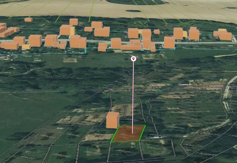 3D map of Gardens in Bystré showing the layout of buildings and plots.