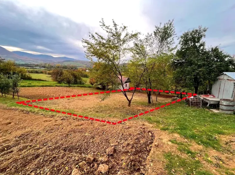 The natural scenery of gardens in Bystré with a marked plot and a country house.