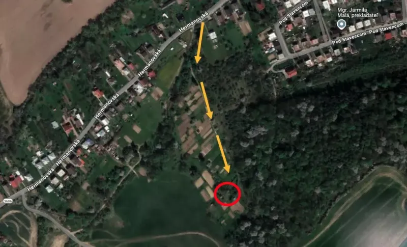 Aerial view of gardens in Bystré with a marked path.
