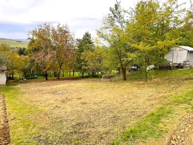 A view of the autumn garden in Bystré with trees and a metal shelter.