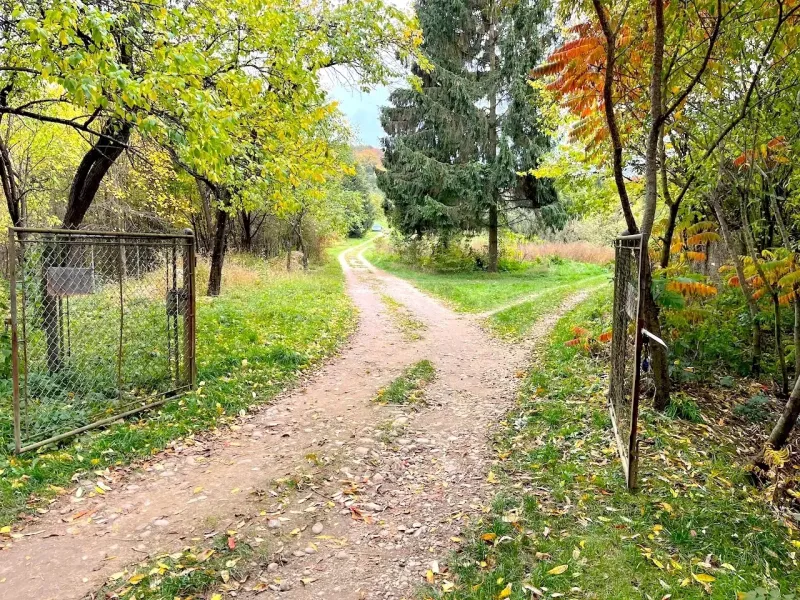 A dirt road leads through an open gate in the gardens in Bystré.
