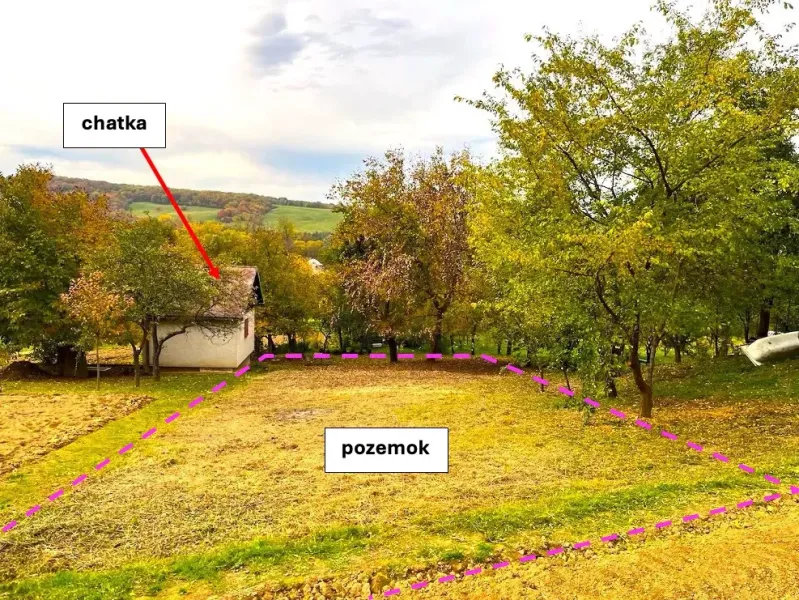A cottage in the gardens of Bystré, surrounded by trees, a fenced plot in an autumn setting.