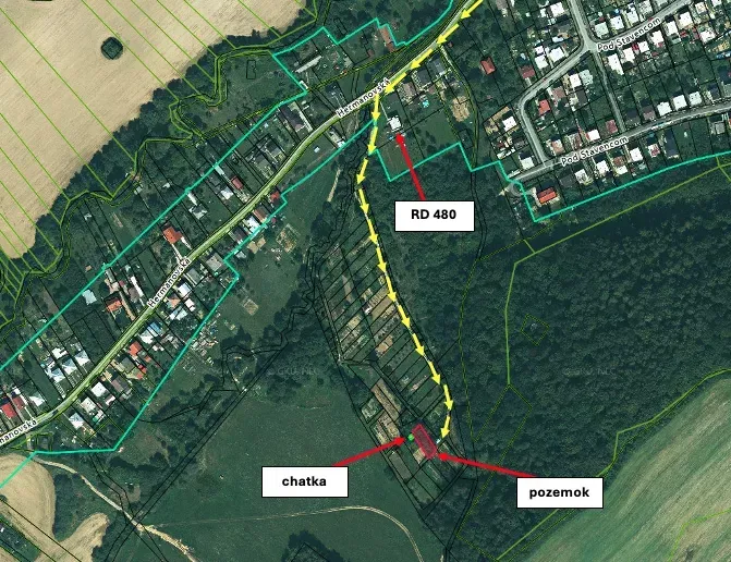 The aerial map of Bystré shows a garden area with plot markings and a road.