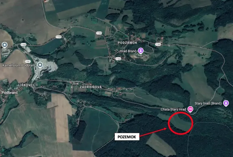 Aerial view of the Gardens in Podbranč with plot and castle markings.