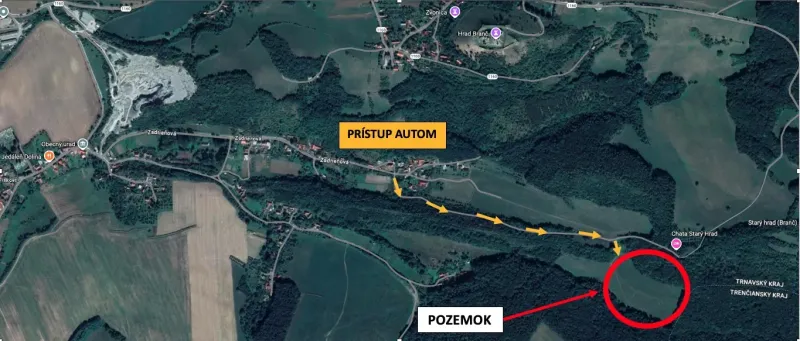 Aerial map showing access to the land in the area of Záhrady near Podbranč.