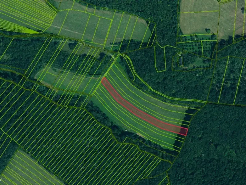 Aerial view of divided land parcels in Záhrady in Podbranč.