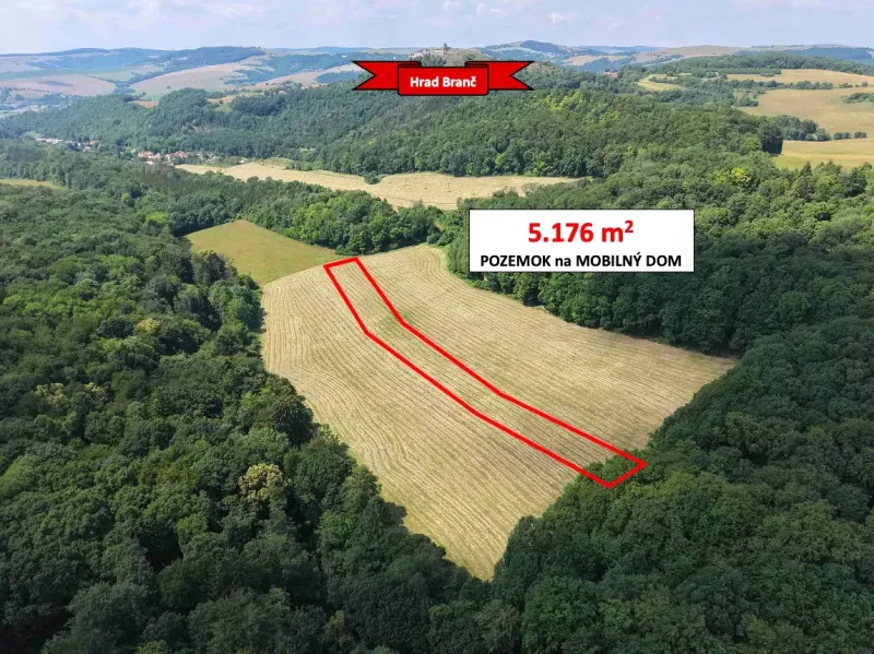 The landscape in Podbranč with extensive gardens, bordered by a forest, with a marked plot.
