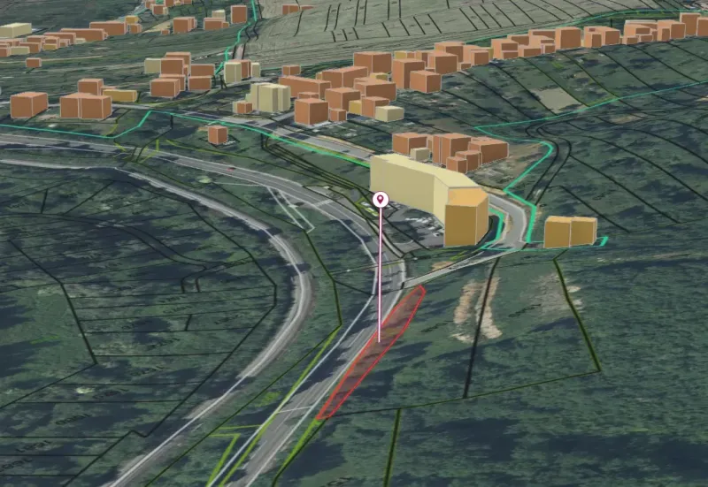 3D model of Orovnice depicting unique properties and terrain with marked road infrastructure.