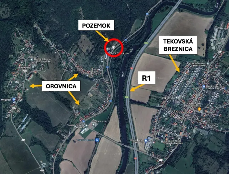 Aerial photograph over Special Properties in Orovnica, highlighting the land, river, and road R1.