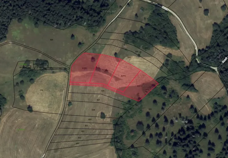 Aerial view of plots in Banská Štiavnica, Unusual properties visible in red.