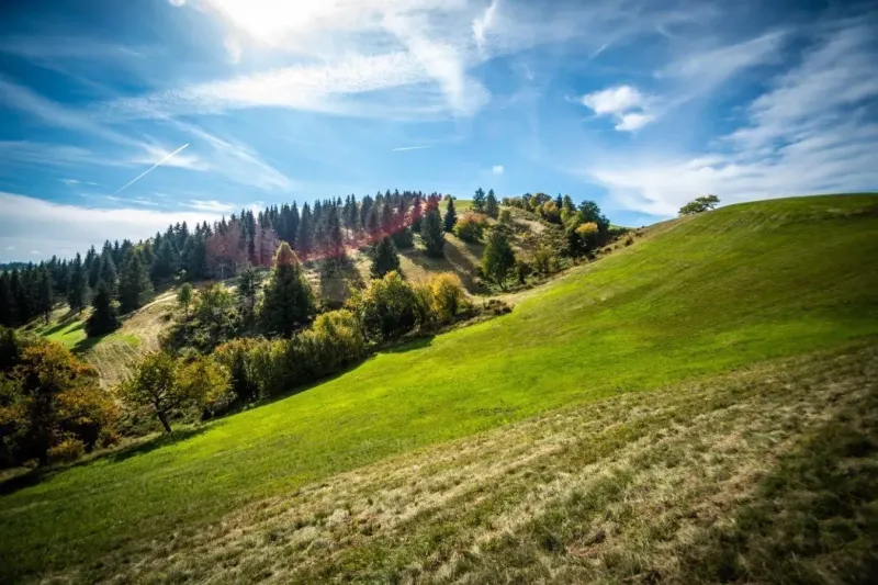 Hilly landscape with green meadows and forests in the Banská Štiavnica district, nature illuminated by the sun.