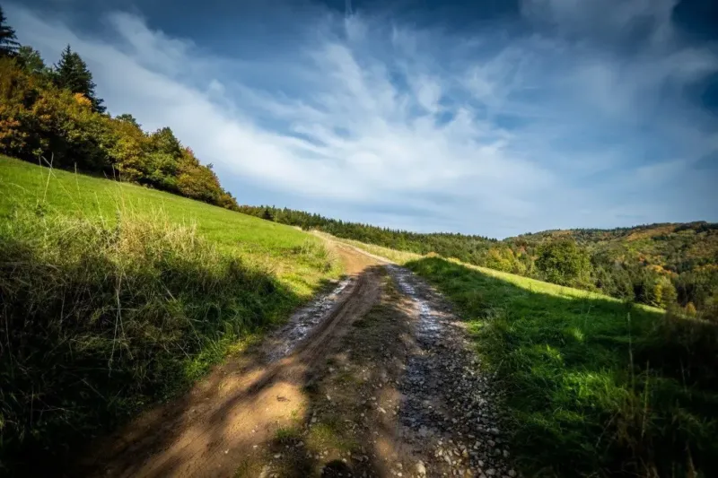 A gravel road in nature surrounded by greenery and forests in Banská Štiavnica.