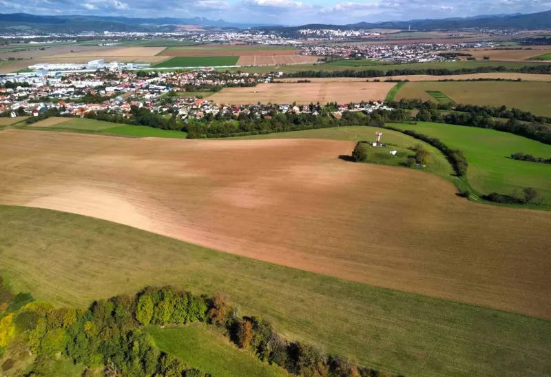 Aerial view of agricultural and forest land around Trenčianske Stankovce.