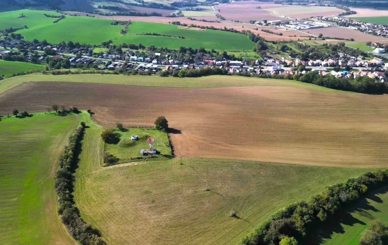Aerial view of agricultural and forest lands around Trenčianske Stankovce.