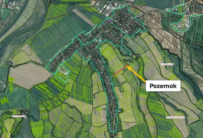 Aerial map with marked agricultural land in Trenčianske Stankovce.