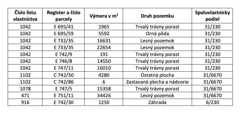 Table with data on plots in the Muľa area: type of land and co-ownership share.