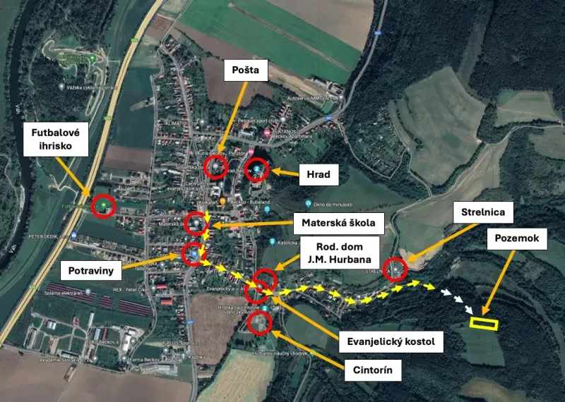 Aerial view of the village of Beckov, showing important places such as the castle and the football field.