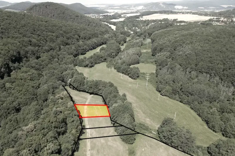 Meadows and forests around Horná Ves, Záhrady, with marked plots for sale.