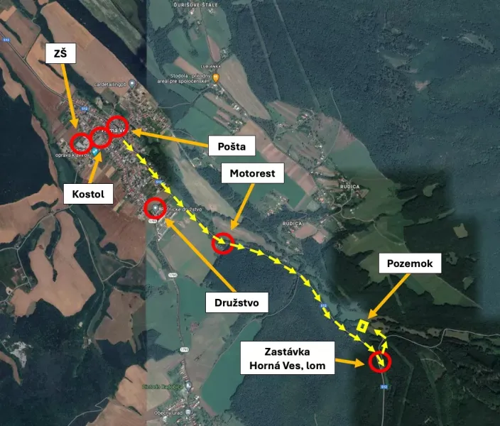 The map of Horná Ves shows gardens, a church, a post office, and other landmarks.