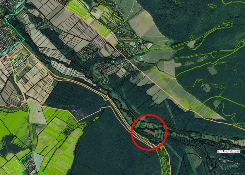 Aerial view of fields and forests around Horné Viesťany, Záhrady.