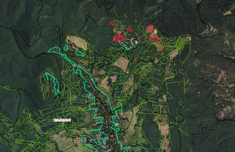 An aerial map of Prochot shows agricultural and forest lands around the village.