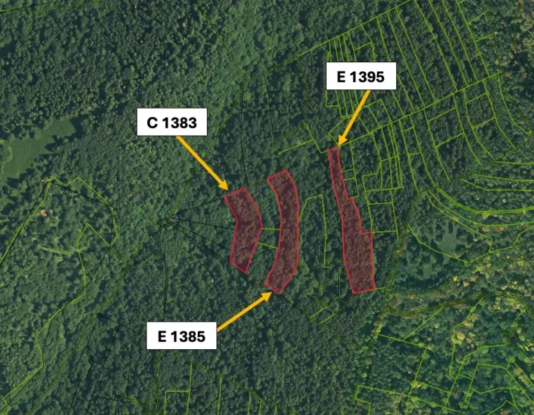 The plan of Ratkovské Bystré shows agricultural and forest lands with parcel numbers.