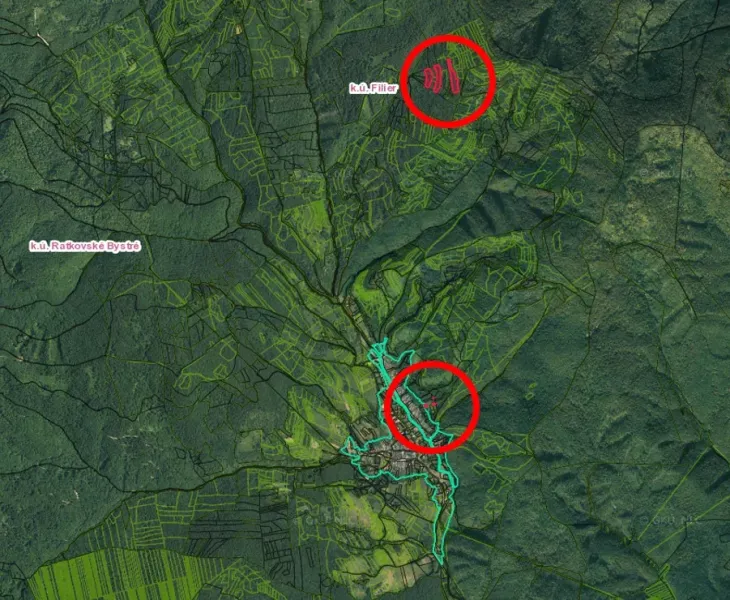 Map of Ratkovské Bystré focusing on agricultural and forest lands.