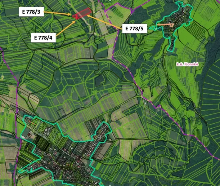 Map of agricultural and forest land around Podhradie, sections E 778/3, E 778/4, E 778/5.