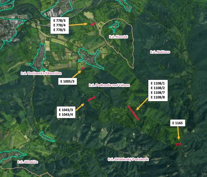 Map of agricultural and forest land around Podhradie.