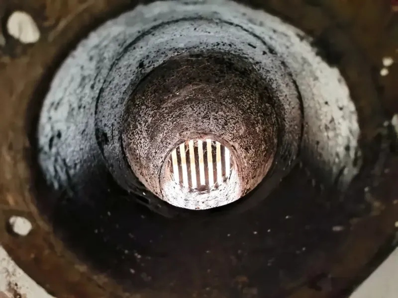 A view through a dark tunnel with a grate at the end in the interior of peculiar properties.