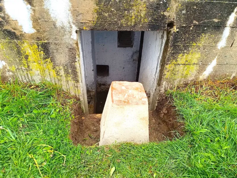 Basement entrance in Malacky with a concrete block and overgrown lawn, Unusual properties.