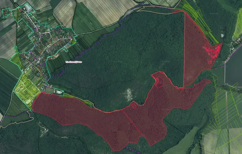 Aerial view of agricultural and forest land surrounding Plavecký Peter, visible topography.