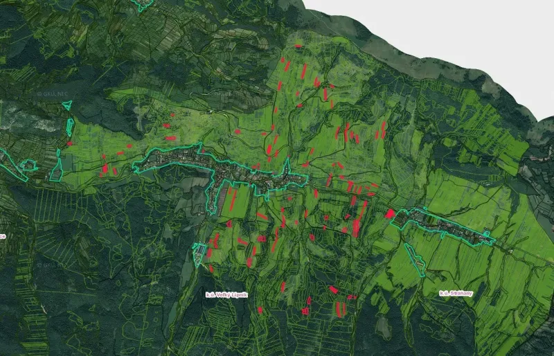 A map view of agricultural and forest land in Veľký Lipník with marked boundaries.
