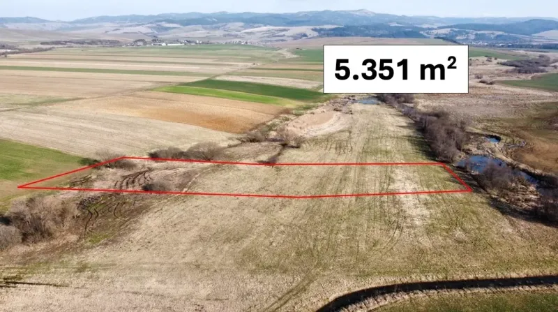 Agricultural and forest lands in Podhorany with marked plot area on flat fields.