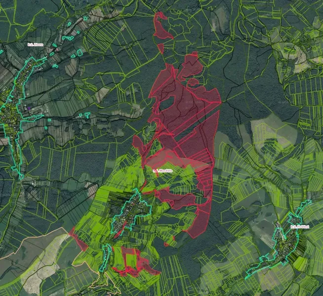 Map with Agricultural and Forest Lands around Dohňany.