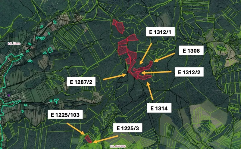 Aerial map of agricultural and forest lands around the village of Dohňany with parcels.