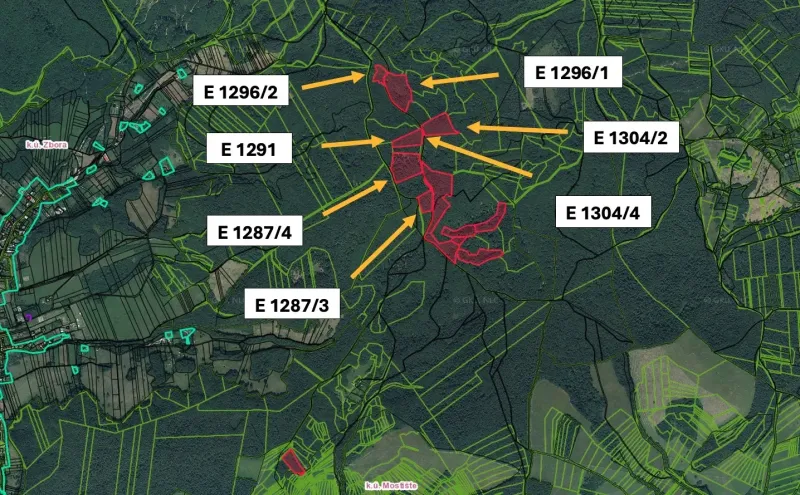 Map of agricultural and forest land around Dohňany with parcel markings.