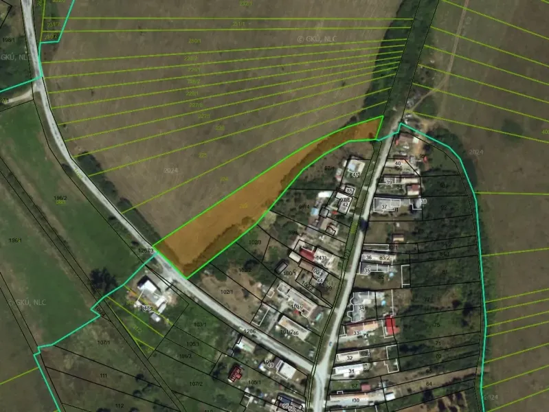 Aerial view of unusual properties and farmland in Barca.