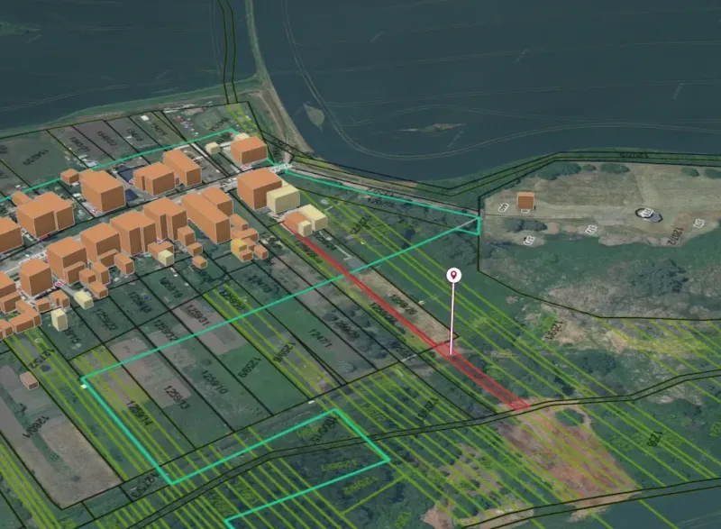 3D map with residential plots in Santovka, showing planned construction.