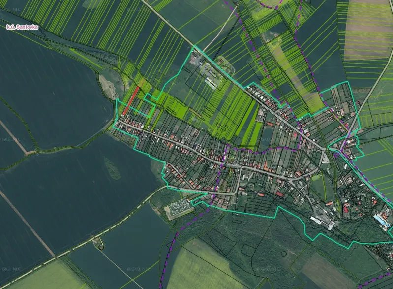 Aerial view of the landscape in Santovka with outlined plots for Residential Land.