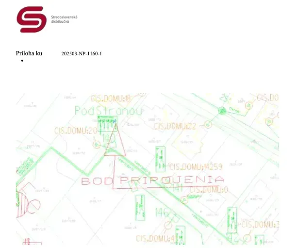 Map of electrical wiring with connection mark in the area Pod Stráňou.