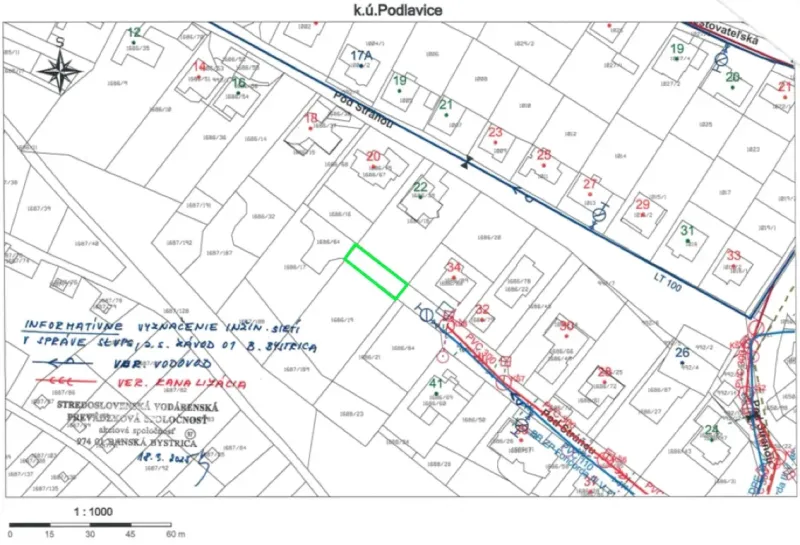 Cadastral map of Podlavice, Banská Bystrica, shows parcels and infrastructure.