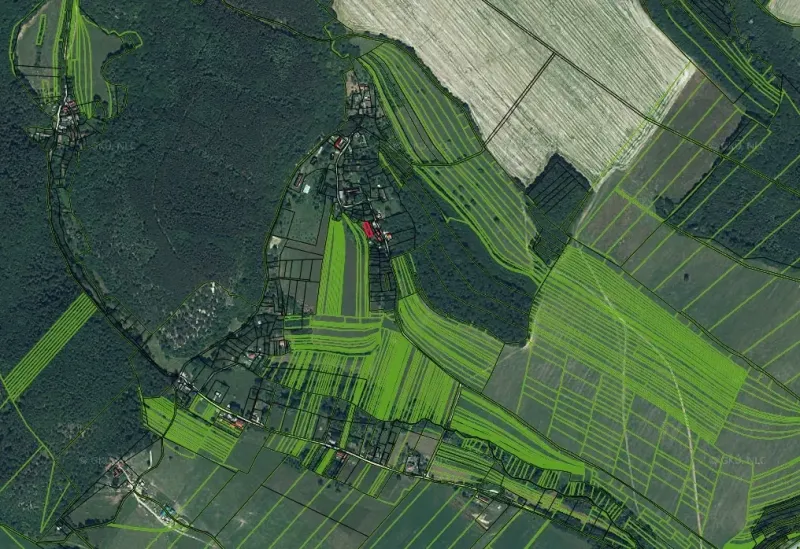 Aerial view of the division of fields and forests in the Prašník area.